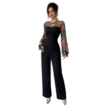 Γυναικεία ολόσωμη φόρμα με μακριά μανίκια από την Amazon, ευρωπαϊκή και αμερικανική, με κεντημένο πλέγμα και κεντημένο patchwork, στενό παντελόνι στη μέση