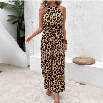 Γυναικεία καλοκαιρινή ολόσωμη φόρμα με λεοπάρ print και halter, 2025, από την Amazon Cross-Border, σε Ευρωπαϊκό και Αμερικανικό στυλ.