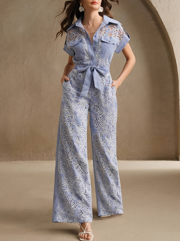 2025-ös európai és amerikai határokon átnyúló új női csíkos, üreges hímzett övvel ellátott elegáns egyenes overál