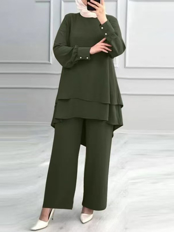 Raktáron H731 Új Muszlim Női Öltöny Egyszínű Dupla Rétegű Felsőrész Divatos Elegáns Laza, Széles Szájú Nadrágkosztüm