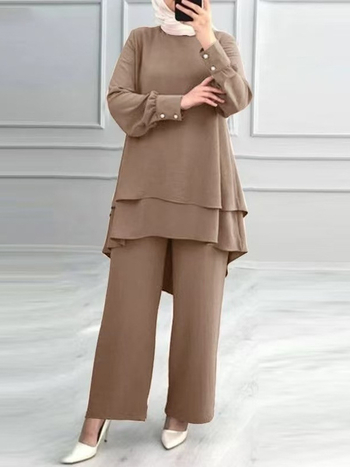 Σε απόθεμα H731 Μουσουλμανικό Νέο Γυναικείο Κοστούμι Μονόχρωμο Διπλό Τοπ Μοντέρνο Κομψό Ριχτό Παντελόνι με Φαρδιά Πόδια