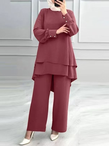 Σε απόθεμα H731 Μουσουλμανικό Νέο Γυναικείο Κοστούμι Μονόχρωμο Διπλό Τοπ Μοντέρνο Κομψό Ριχτό Παντελόνι με Φαρδιά Πόδια