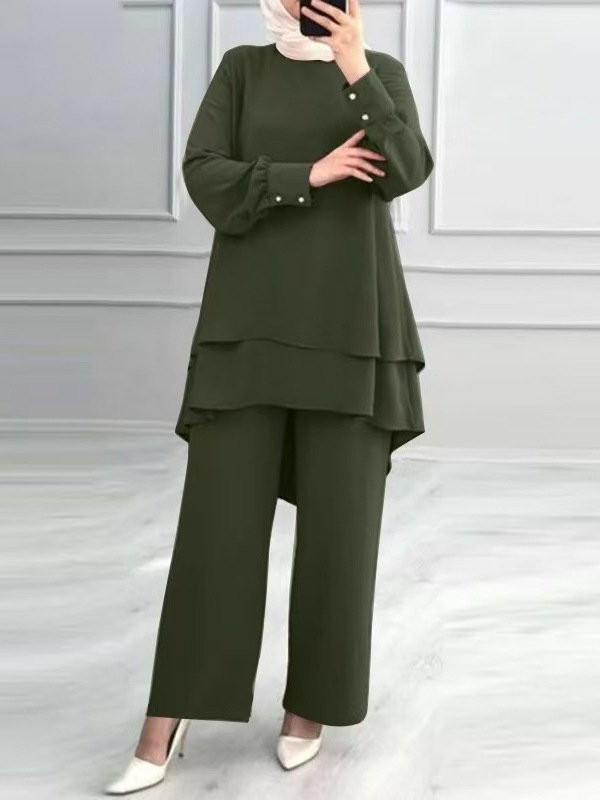 Raktáron H731 Új Muszlim Női Öltöny Egyszínű Dupla Rétegű Felsőrész Divatos Elegáns Laza, Széles Szájú Nadrágkosztüm