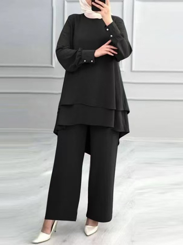 Raktáron H731 Új Muszlim Női Öltöny Egyszínű Dupla Rétegű Felsőrész Divatos Elegáns Laza, Széles Szájú Nadrágkosztüm