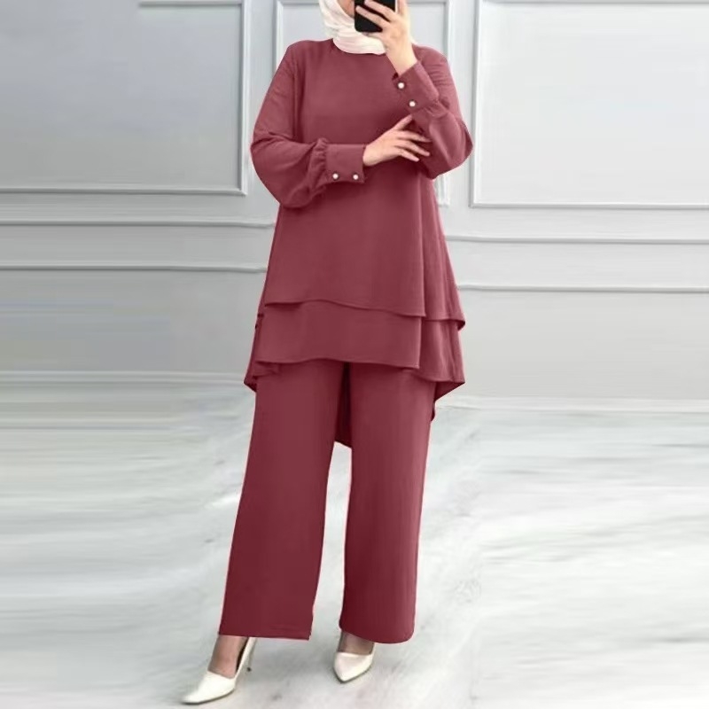 Raktáron H731 Új Muszlim Női Öltöny Egyszínű Dupla Rétegű Felsőrész Divatos Elegáns Laza, Széles Szájú Nadrágkosztüm