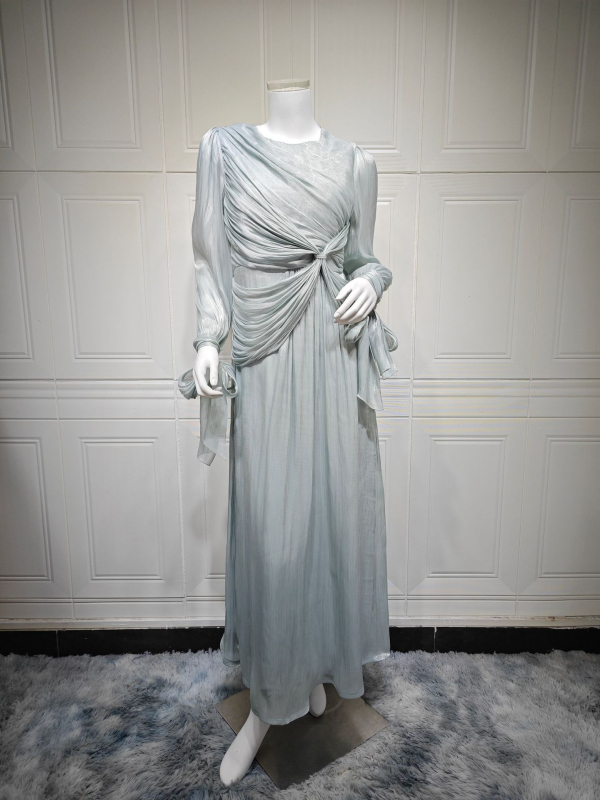 Mq176 Közel-Kelet Dubai Fürdőruha Fényes Anyagú Puffos Ujjú Derékú Alkalmi Ruha