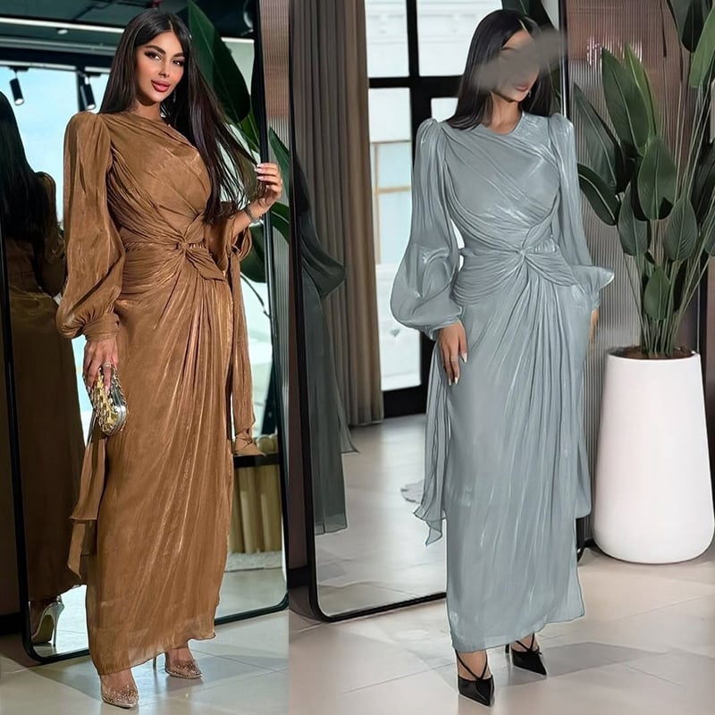 Φόρεμα Mq176 Middle East Dubai Robe από γυαλιστερό ύφασμα με φουσκωτά μανίκια στη μέση, casual