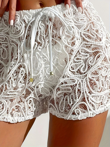 Pantaloni scurți de vacanță transfrontalieri pentru femei, culoare solidă, cu dantelă și frânghie, transparenti