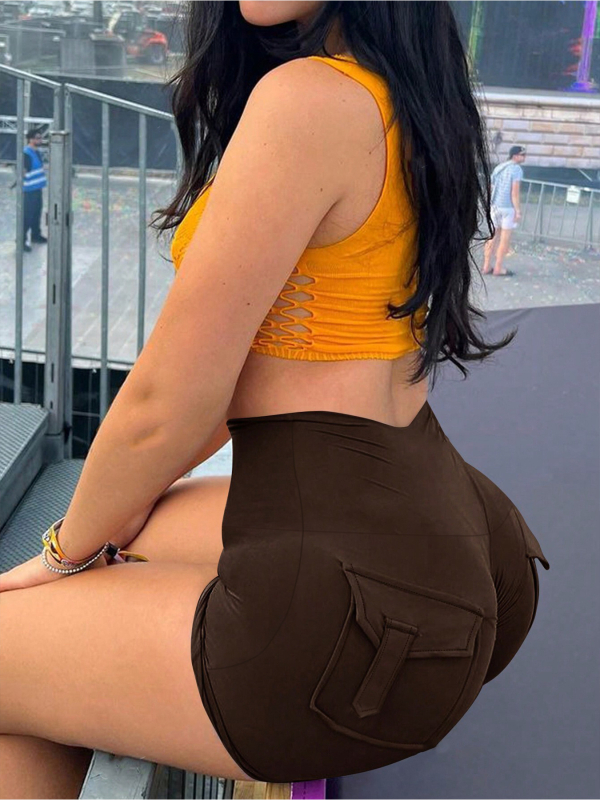 Naujos europietiškos ir amerikietiškos daugiaspalvės, aukšto liemens, besiūlės, persikinės spalvos, jogos šortai su trijų taškų kišenėmis bėgimui ir treniruotėms. Karštos kelnės.