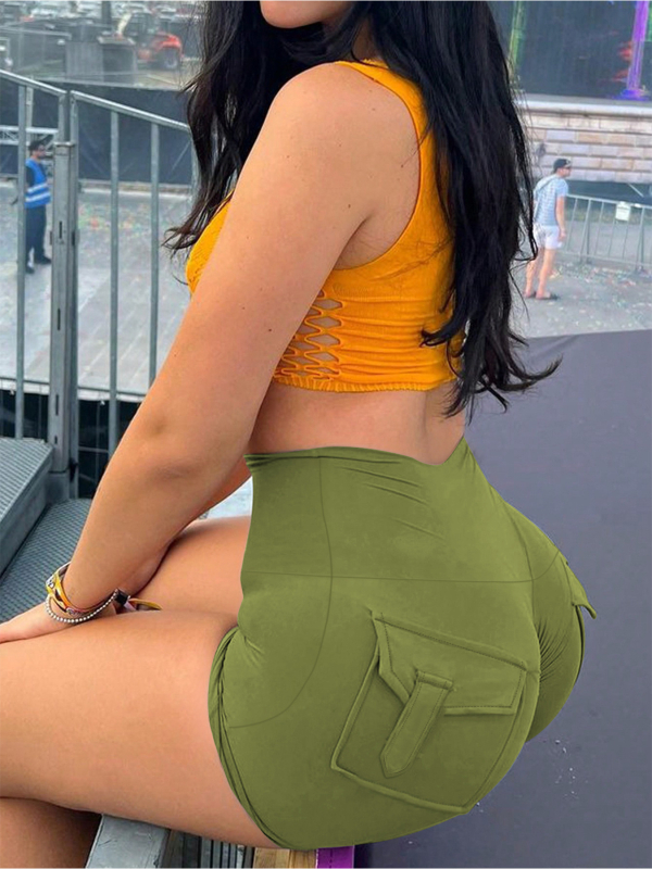 Naujos europietiškos ir amerikietiškos daugiaspalvės, aukšto liemens, besiūlės, persikinės spalvos, jogos šortai su trijų taškų kišenėmis bėgimui ir treniruotėms. Karštos kelnės.