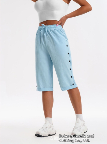 CrossBorder női rövidnadrág, divatos, lezser strandnadrág, háromnegyedes rövidnadrág rugalmas derékkal, húzózsinórral és gombdíszítéssel