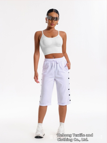 CrossBorder női rövidnadrág, divatos, lezser strandnadrág, háromnegyedes rövidnadrág rugalmas derékkal, húzózsinórral és gombdíszítéssel