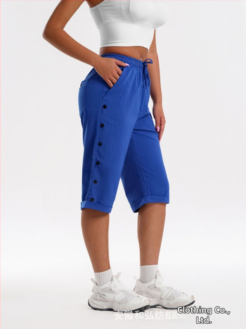 CrossBorder női rövidnadrág, divatos, lezser strandnadrág, háromnegyedes rövidnadrág rugalmas derékkal, húzózsinórral és gombdíszítéssel