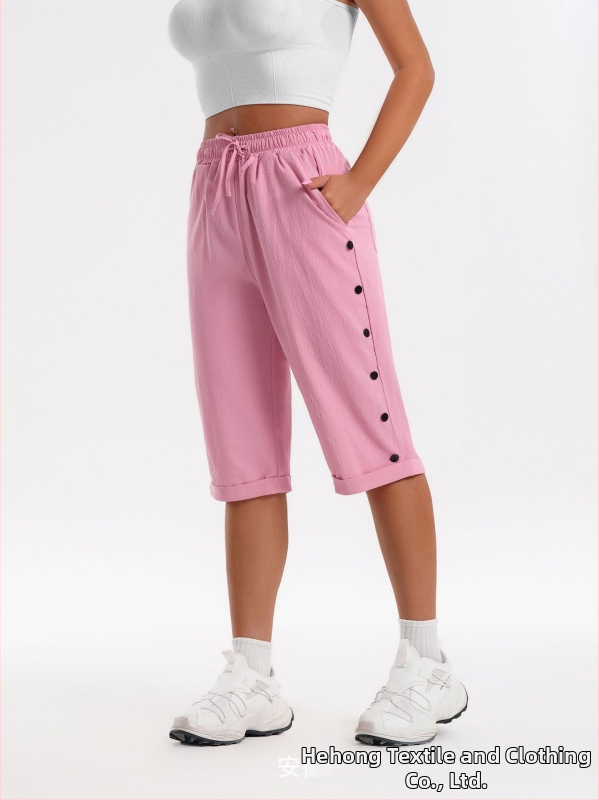 CrossBorder női rövidnadrág, divatos, lezser strandnadrág, háromnegyedes rövidnadrág rugalmas derékkal, húzózsinórral és gombdíszítéssel