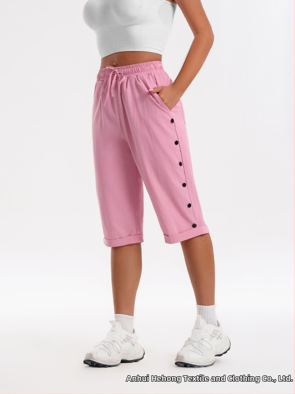 CrossBorder női rövidnadrág, divatos, lezser strandnadrág, háromnegyedes rövidnadrág rugalmas derékkal, húzózsinórral és gombdíszítéssel