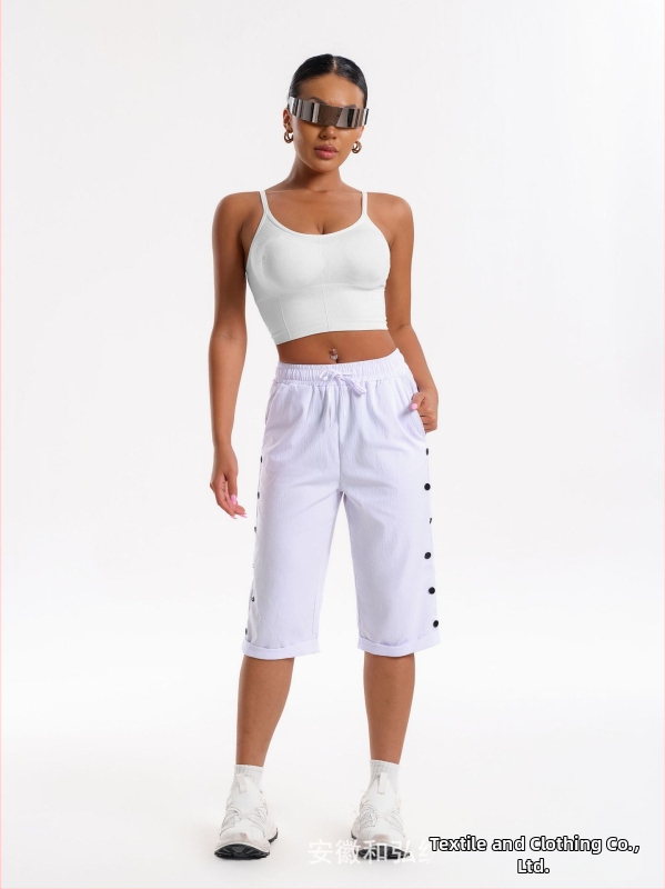 CrossBorder női rövidnadrág, divatos, lezser strandnadrág, háromnegyedes rövidnadrág rugalmas derékkal, húzózsinórral és gombdíszítéssel