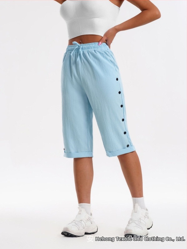 CrossBorder női rövidnadrág, divatos, lezser strandnadrág, háromnegyedes rövidnadrág rugalmas derékkal, húzózsinórral és gombdíszítéssel