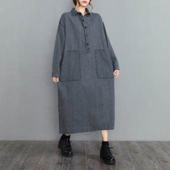 Tavaszi japán stílusú dupla zsebes farmerruha pufók lányoknak, hosszú ujjú, laza, retró, nagy méretű női viselet