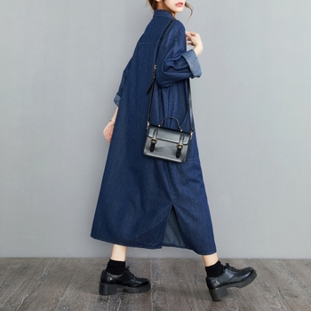 Tavaszi japán stílusú dupla zsebes farmerruha pufók lányoknak, hosszú ujjú, laza, retró, nagy méretű női viselet