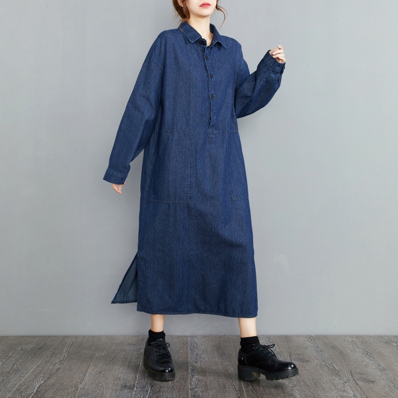 Tavaszi japán stílusú dupla zsebes farmerruha pufók lányoknak, hosszú ujjú, laza, retró, nagy méretű női viselet