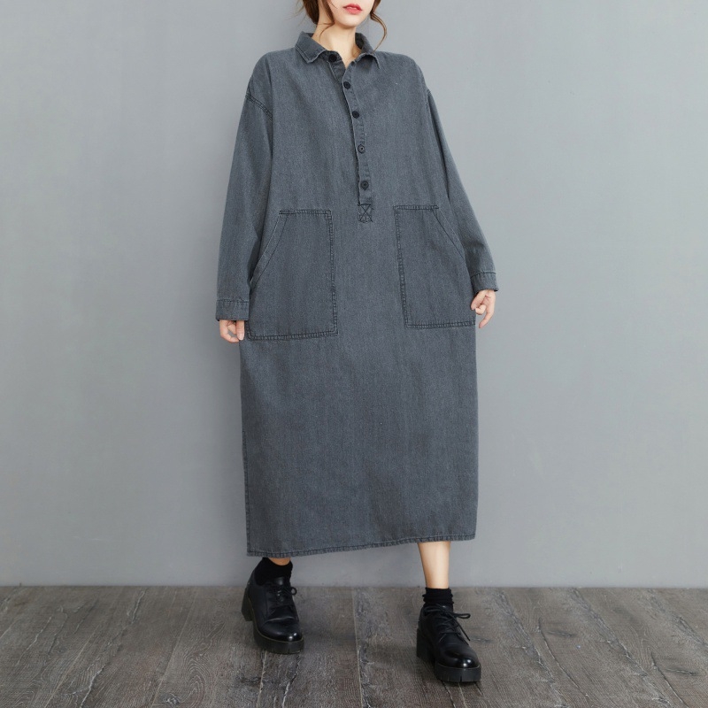 Tavaszi japán stílusú dupla zsebes farmerruha pufók lányoknak, hosszú ujjú, laza, retró, nagy méretű női viselet