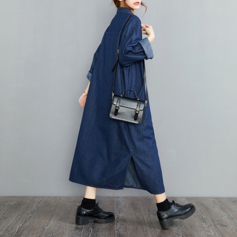 Tavaszi japán stílusú dupla zsebes farmerruha pufók lányoknak, hosszú ujjú, laza, retró, nagy méretű női viselet