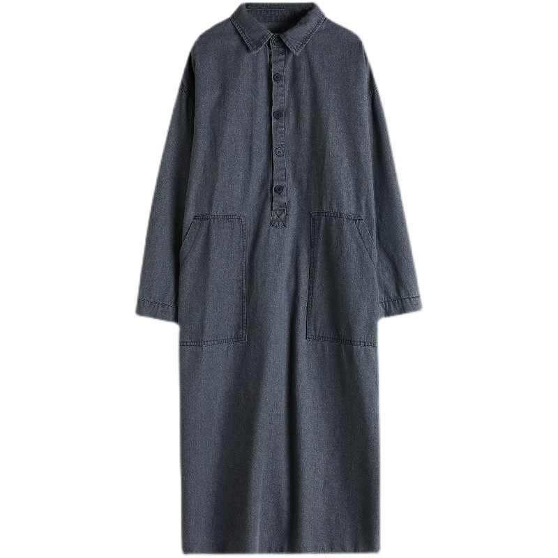 Tavaszi japán stílusú dupla zsebes farmerruha pufók lányoknak, hosszú ujjú, laza, retró, nagy méretű női viselet