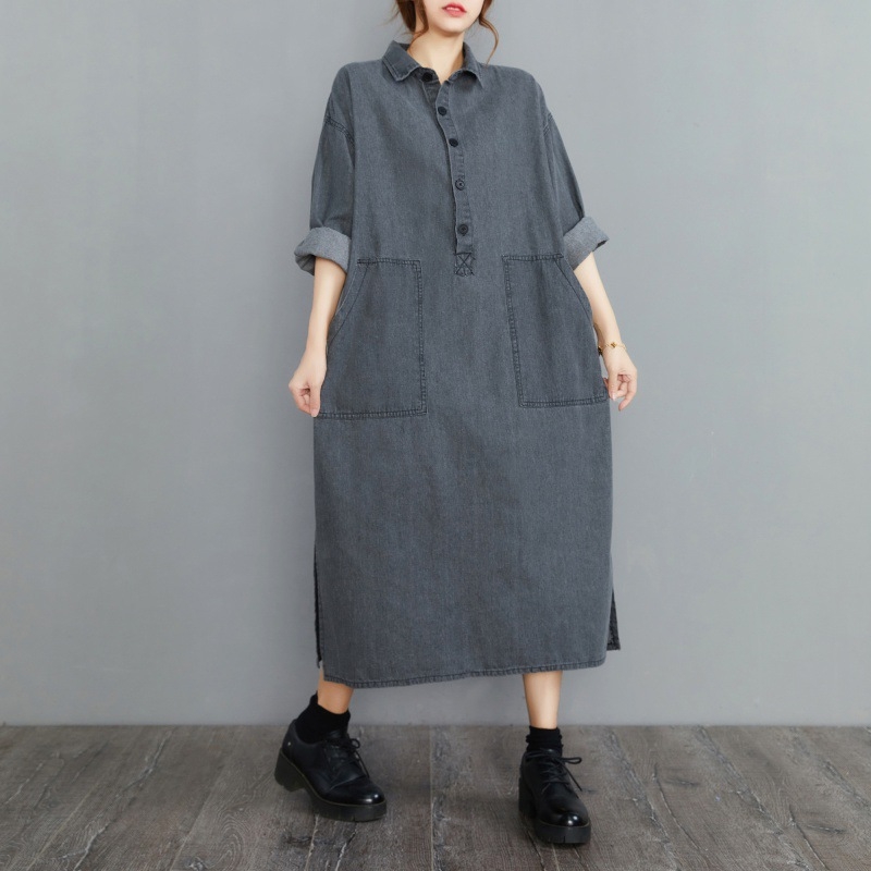 Tavaszi japán stílusú dupla zsebes farmerruha pufók lányoknak, hosszú ujjú, laza, retró, nagy méretű női viselet