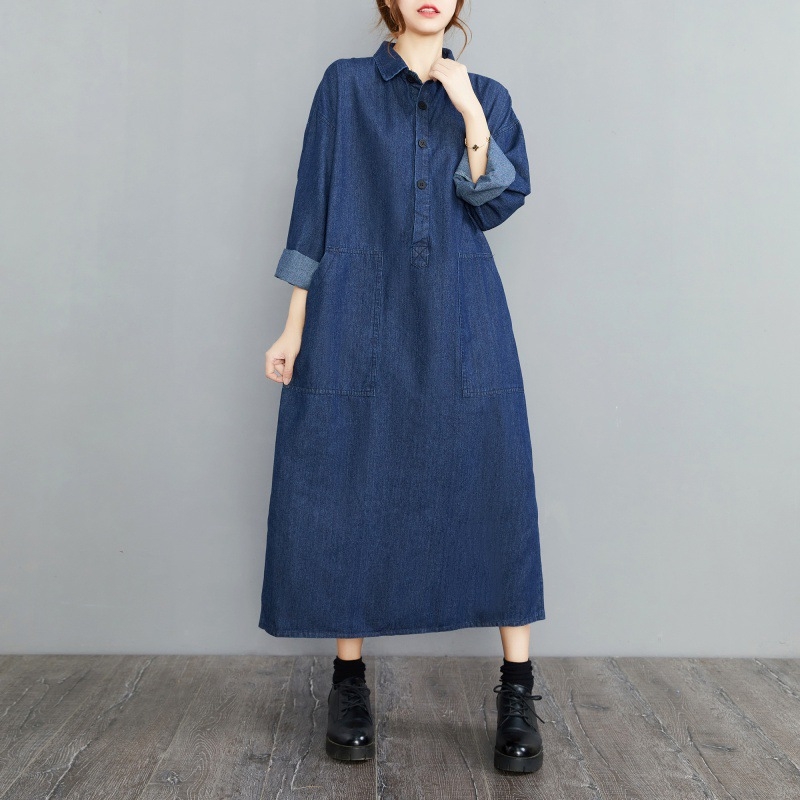 Tavaszi japán stílusú dupla zsebes farmerruha pufók lányoknak, hosszú ujjú, laza, retró, nagy méretű női viselet