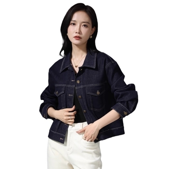 Vintage sötétkék POLO galléros farmerkabát, női 2024 tavaszi és őszi új, lezser motoros rövid dzseki felső