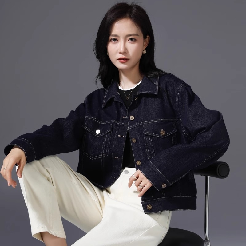Vintage sötétkék POLO galléros farmerkabát, női 2024 tavaszi és őszi új, lezser motoros rövid dzseki felső