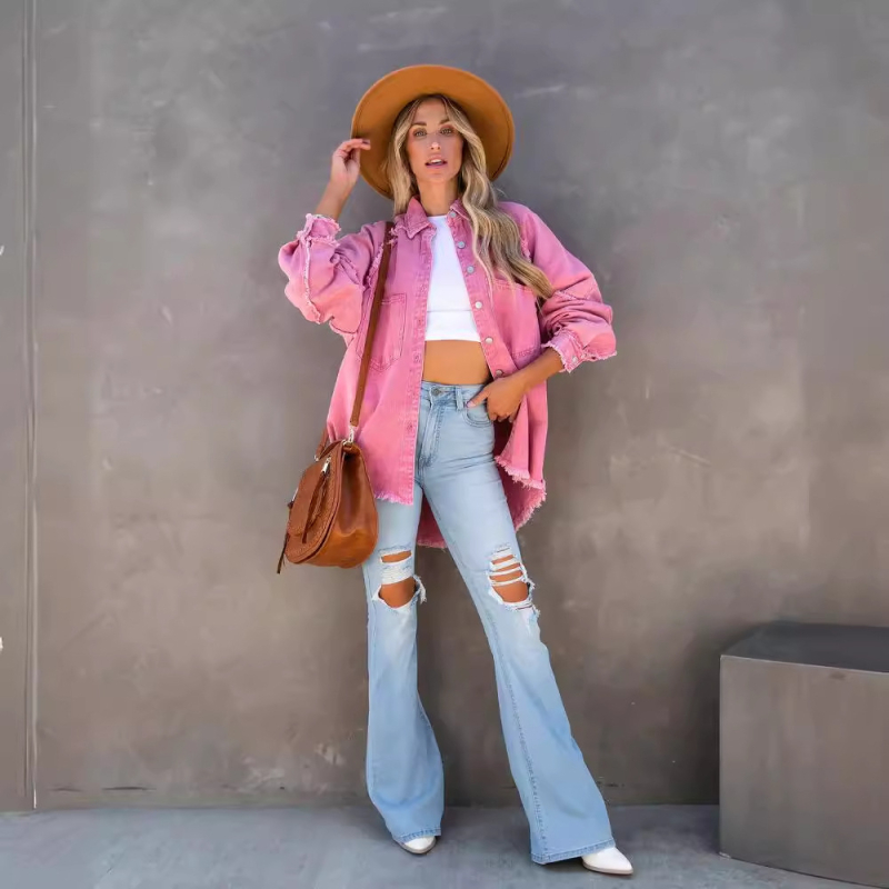 Ευρωπαϊκό και αμερικανικό ρετρό τζιν παλτό μεσαίου μήκους 2023 νέο φουντωτό τζιν τοπ με φαρδιά φούντα γυναικεία ρούχα Amazon crossborder