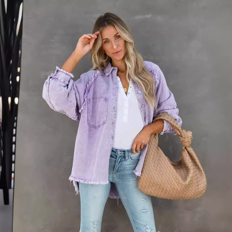 Ευρωπαϊκό και αμερικανικό ρετρό τζιν παλτό μεσαίου μήκους 2023 νέο φουντωτό τζιν τοπ με φαρδιά φούντα γυναικεία ρούχα Amazon crossborder