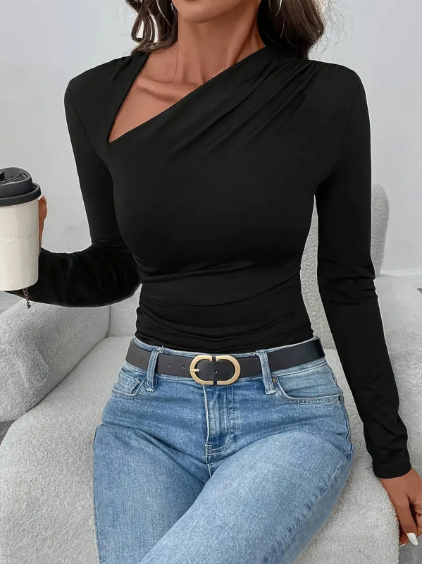 Európai és amerikai, határokon átnyúló Amazon Slim Top női hosszú ujjú divatos új póló, lezser, fekete, egyszínű, rugalmas