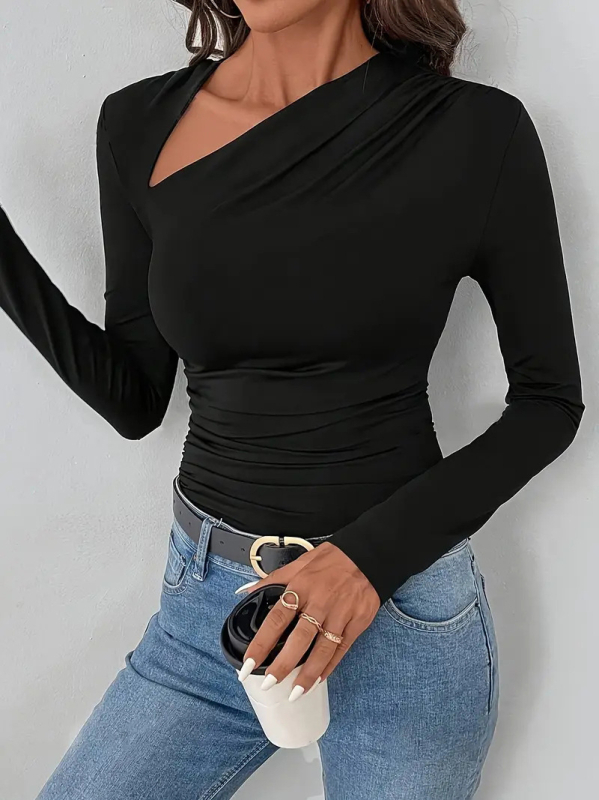 Európai és amerikai, határokon átnyúló Amazon Slim Top női hosszú ujjú divatos új póló, lezser, fekete, egyszínű, rugalmas