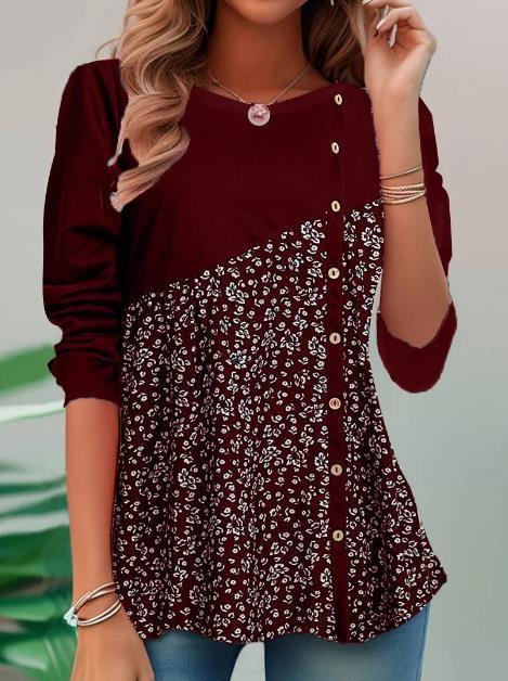 Amazon határokon átnyúló női tavaszi nyári őszi új női hosszú ujjú felső, divatos, hétköznapi, kerek nyakú, nyomtatásos, varrásos