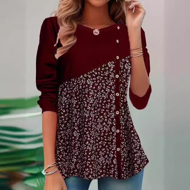 Amazon határokon átnyúló női tavaszi nyári őszi új női hosszú ujjú felső, divatos, hétköznapi, kerek nyakú, nyomtatásos, varrásos