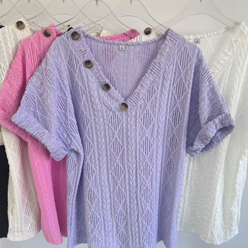 Tricou de primăvară și vară 2025, transfrontalier, european și american, pentru femei, la modă, cu decolteu în V, cu nasturi, jacquard, cu mânecă scurtă, lejer