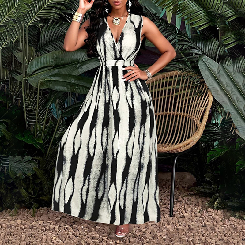 2025 Amazon határokon átnyúló új európai és amerikai női elegáns divatos szexi nyomtatott ujjatlan V-nyakú ruha