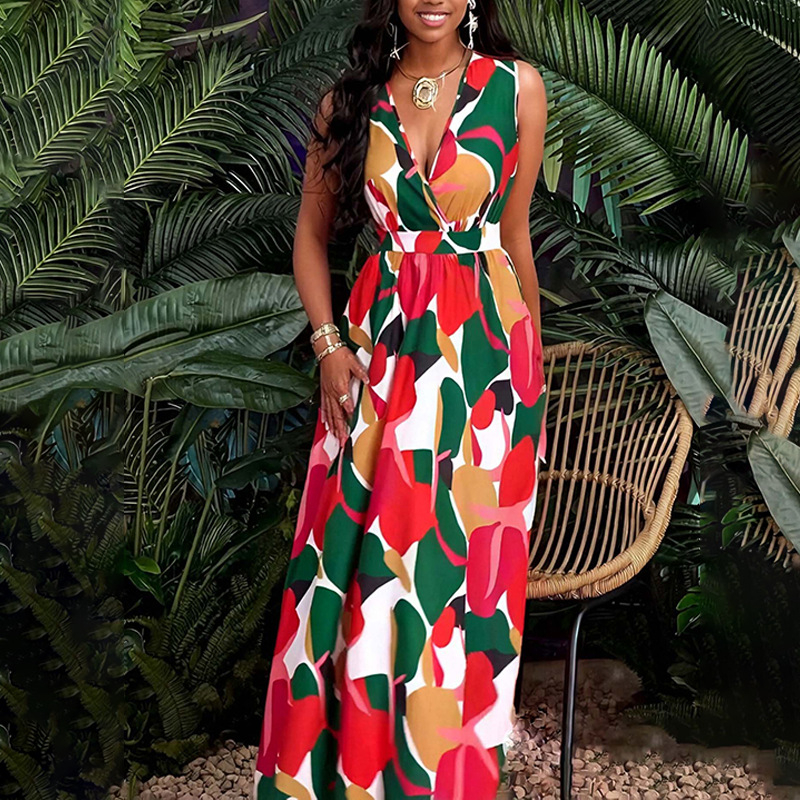 2025 Amazon határokon átnyúló új európai és amerikai női elegáns divatos szexi nyomtatott ujjatlan V-nyakú ruha