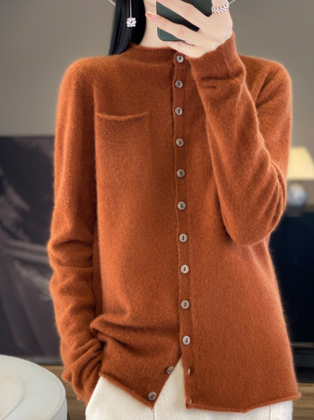 Γυναικεία μάλλινη ζακέτα με στρογγυλή λαιμόκοψη, ζεστό πλεκτό τοπ από κασμίρ, φιλικό προς το δέρμα, ασορτί παλτό για την άνοιξη και το φθινόπωρο