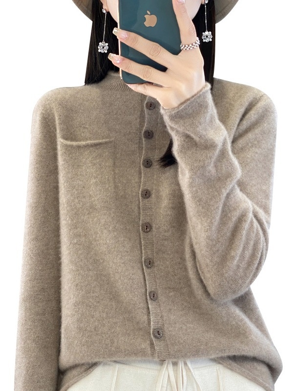 Γυναικεία μάλλινη ζακέτα με στρογγυλή λαιμόκοψη, ζεστό πλεκτό τοπ από κασμίρ, φιλικό προς το δέρμα, ασορτί παλτό για την άνοιξη και το φθινόπωρο