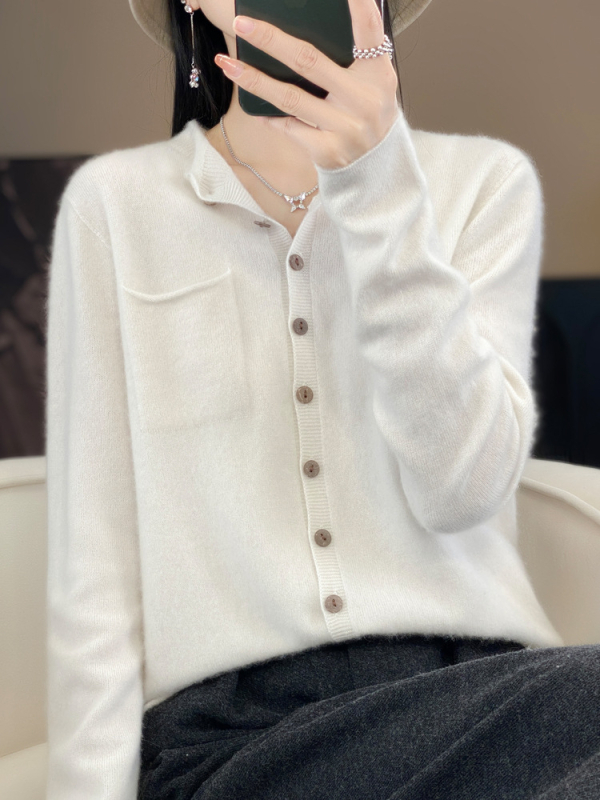 Γυναικεία μάλλινη ζακέτα με στρογγυλή λαιμόκοψη, ζεστό πλεκτό τοπ από κασμίρ, φιλικό προς το δέρμα, ασορτί παλτό για την άνοιξη και το φθινόπωρο