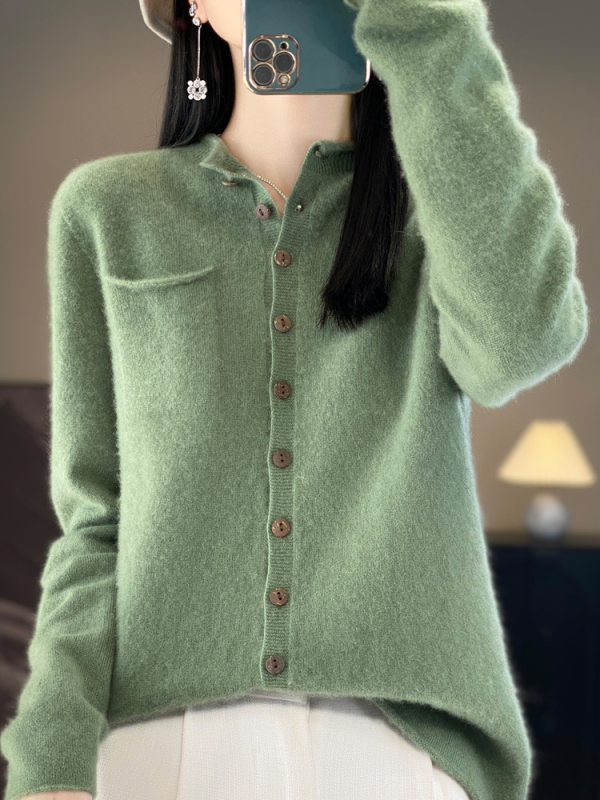 Γυναικεία μάλλινη ζακέτα με στρογγυλή λαιμόκοψη, ζεστό πλεκτό τοπ από κασμίρ, φιλικό προς το δέρμα, ασορτί παλτό για την άνοιξη και το φθινόπωρο