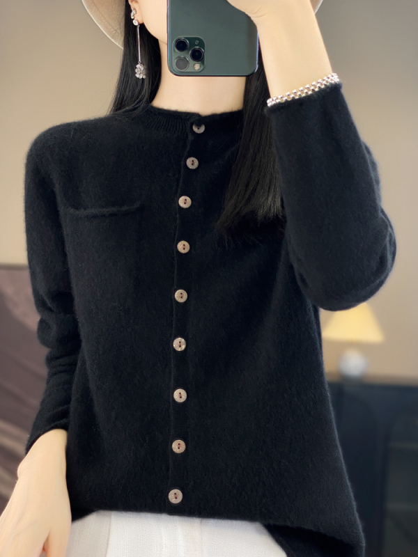 Γυναικεία μάλλινη ζακέτα με στρογγυλή λαιμόκοψη, ζεστό πλεκτό τοπ από κασμίρ, φιλικό προς το δέρμα, ασορτί παλτό για την άνοιξη και το φθινόπωρο