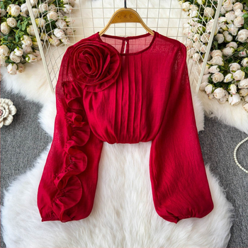 Francia udvari stílusú ing, tavaszi ing 2025, új, csúcskategóriás, Sense háromdimenziós, virágmintás, hálós, laza, karcsúsító felső