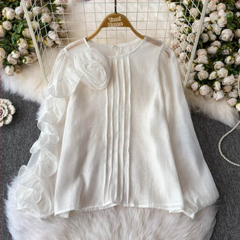 Риза във френски стил, пролетна риза 2025, нов висок клас, триизмерен флорален мрежест топ, свободен, за стягане