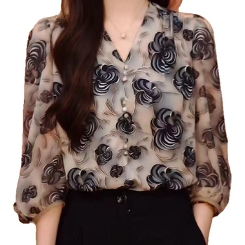 Γυναικείο πουκάμισο με επτά μανίκια για μεγάλα μεγέθη, νέο, μοντέρνο, ελαφρύ, αναπνεύσιμο, φλοράλ, κομψό, με κάλυψη κρέατος, που μειώνει την ηλικία, ιδανικό για γυναίκες.