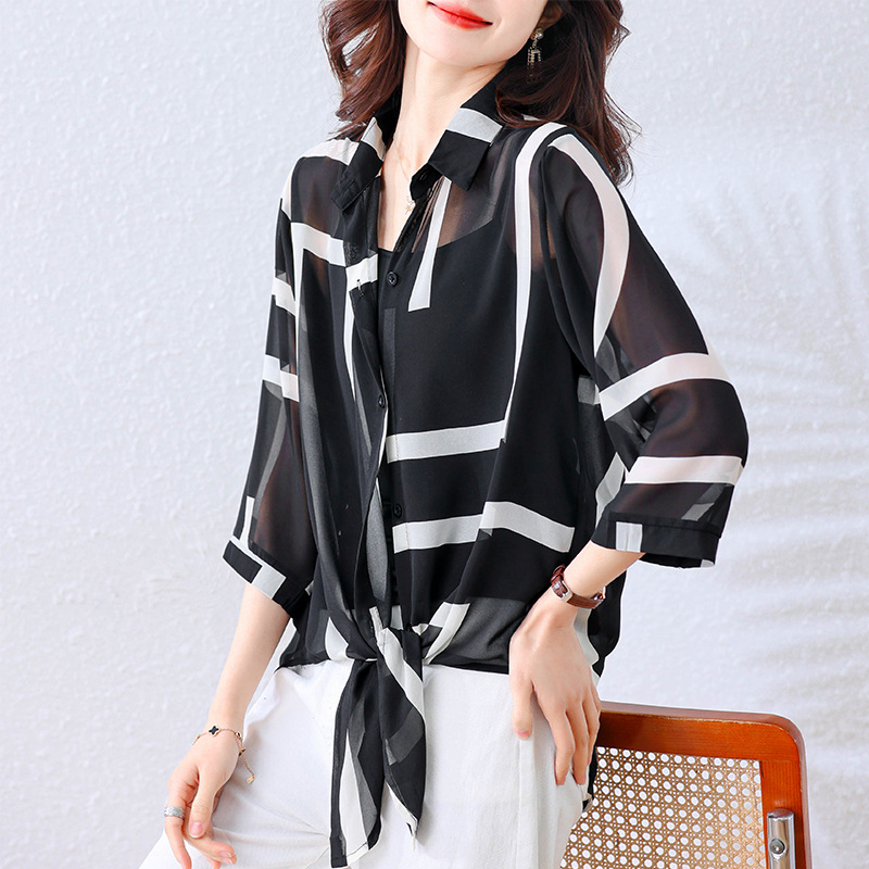 Plius dydžio moteriški 2025 m. pavasario nauji šifono marškiniai. Elegantiškas ir elegantiškas margintas dryžuotas marškinių švarkas.