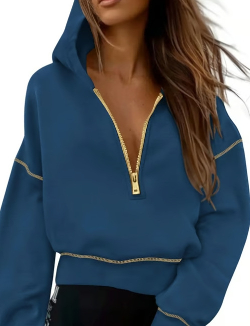 2025 Amazon európai és amerikai őszi és téli új női pulóver, kapucnis, hosszú ujjú, félig cipzáras, rövid fazonú, divatos, hétköznapi